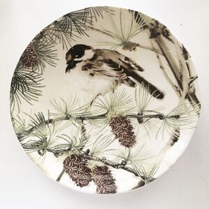 Pottery Barn Snowy Bird Salad 8” Plate. Snowbird and Pinecones. New